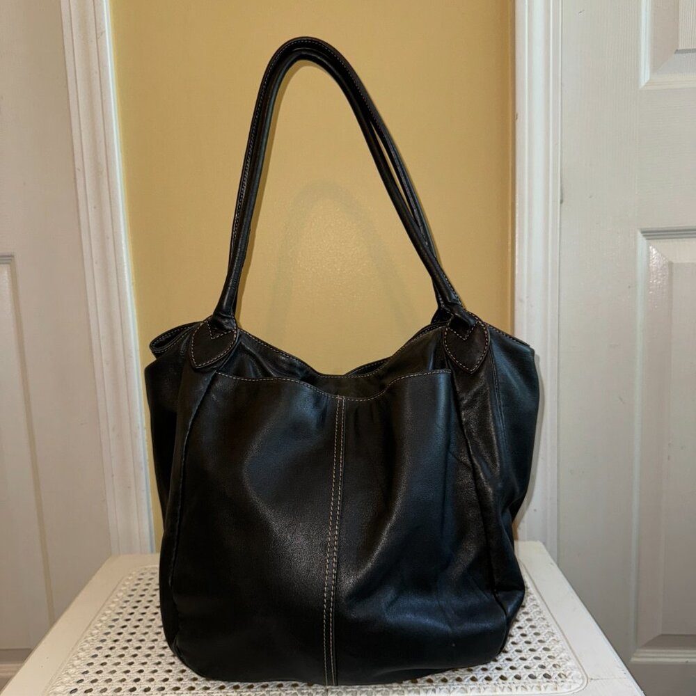 Tignanello Genuine Leather Black Tote Shoulder Handbag Purse